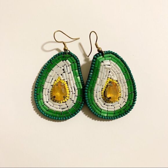 Bohemian Beaded Avocado Drop Earrings, White/Green - Picture 1 of 6